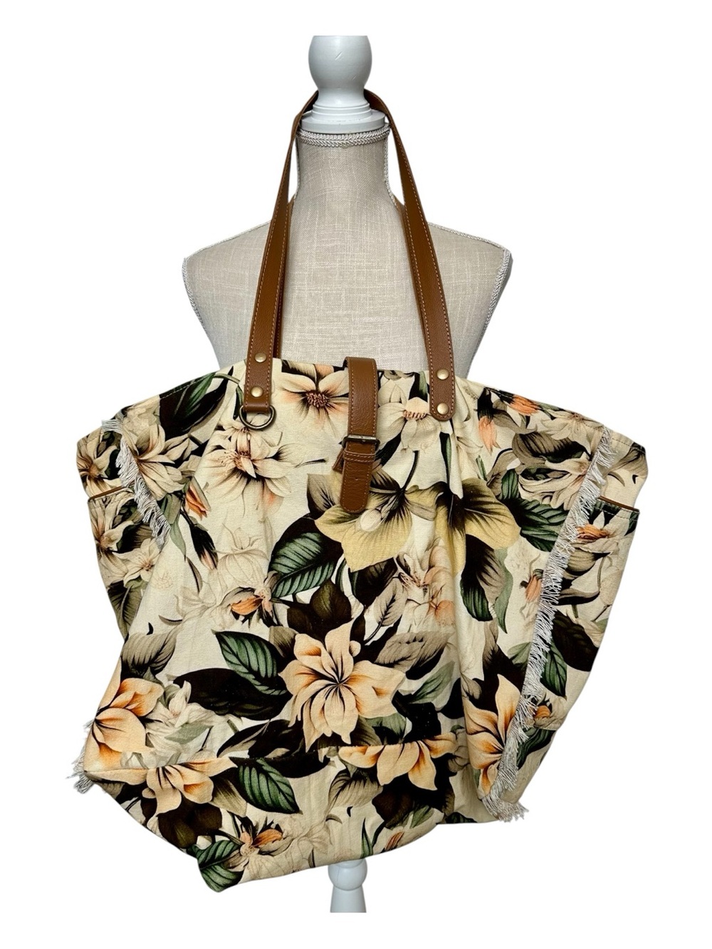 Myra Bag Cream Floral Canvas Tote with Tan Leather Straps